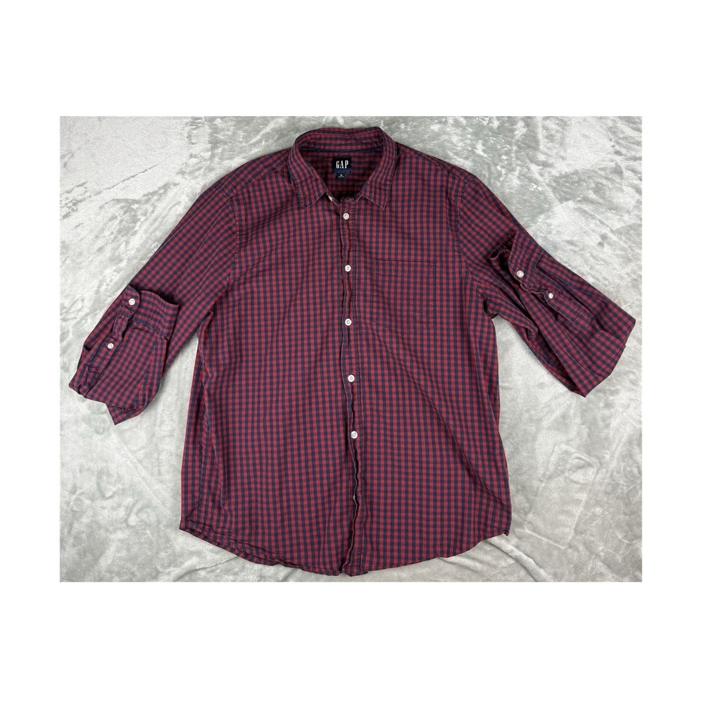 GAP Mens XL Red Blue Gingham Check Button Front Long Sleeve Shirt Casual